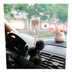 Ziciner Bling Diamond Heart Car Interior Accessories, Car Mirror Hanging Ornament for Women, Love Heart & Pink Plush Ball Decor Ornament Pendant, Car Hanging Decoration Charm Pendant (Black)