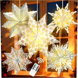 OuMuaMua 5 Pcs Christmas Paper Snowflake Lanterns, Large 3D Christmas Paper Star Lanterns with LED Lights, White Silver Hanging Snowflake Lamps for Xmas Winter Frozen Weddings Holiday Party Decorations