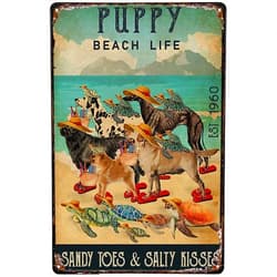 RIFOSA Home Decoration Tin Signs Dog And Turtles Puppy Beach Life Sandy Toes Salty Kisses Tin Signs Indoor & Outdoor Home Bar Coffee Kitchen Wall Decor Metal Tin Sign Warning Sign 8x12 inch