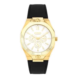Versus Versace Echo Park Multifunction Collection Luxury Mens Watch Timepieces with a Black Strap Featuring a Gold Case and a Silver Dial