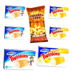 Noble Crunch Twinkies Variety Pack - Regular (3pks) - Banana (3pks) - Gourmet Caramel Kettle Popcorn (2oz) - 7 Items