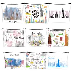 Huhumy 9 Pcs City Cosmetic Bag New York Souvenir Zipper Pouch Los Angeles Souvenir Gifts Italy Paris Broadway Alaska Makeup Purse for Girls Women Traveler Birthday Christmas Party Favors(New York)