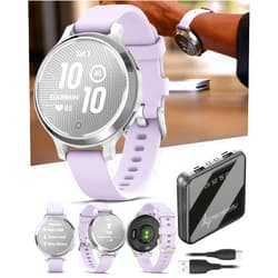Wearable4U Garmin Lily 2 Active, Silver with Purple Jasmine Silicone Band, Small and Stylish Smartwatch, Built-in GPS, Hidden Display, Patterned Lens, Up to 9 Days Battery Life Power Bank Bundle