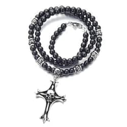 COOLSTEELANDBEYOND Gothic Style Mens Black Onyx Beads Necklace with Stainless Steel Cross Skulls