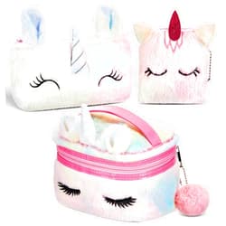 Huhumy 3 Pcs Unicorn Makeup Bag Cosmetic Organizer with Zipper Plush Travel Unicorn Makeup Kit Fluffy Unicorn Makeup Case Toiletry Small Storage Zipper Pouch for Women Toddler Christmas Gifts
