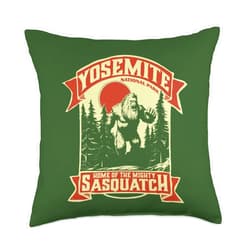 Yeti Habitation Project - Bigfoot & Sasquatch Art Yosemite Park Home of The Mighty Sasquatch Bigfoot Retro Throw Pillow, 18x18, Multicolor