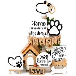 Geelin 16 Pcs Dog Tiered Tray Decor Set Wooden Dog Tray Decor Rustic Farmhouse Paw Bone Farm Decorations Mini Wood Signs for Kitchen Home Table Housewarming Gift