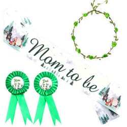 Serencatcher Let The Adventure Begin Baby Shower Decorations, Mountain Adventure Mom to Be Sash Camping Bear Mom Dad to Be Pin Flower Crown Headband Green for Adventure Awaits Baby Shower Party Favors