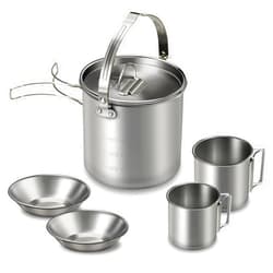 Lixada 5PCS Camping Cooking Set Stainless Steel Kettle with 2 Cups 2 Bowls Foldable Handles Lid Large Capacity Portable Tea Coffee Water Cooking Pot for Camping Hiking Picnic Outdoors