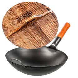YOSUKATA Carbon Steel Wok Pan 14 Cast Iron Wok Cover - Premium Wok Cover 14 inch Pan Lid - Wooden Wok Lid 14 in with Ergonomic Handle - Woks and Stir Fry Pans