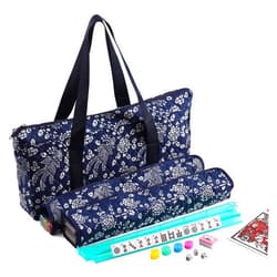 USA MJ TABLE .COM Complete American Mahjong Game Set, 166 Tiles, 4 All in One Pusher Racks, Chips,Wind Indicator Soft Blue Flower Bag