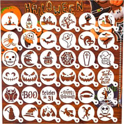 JULBEAR 36 Pieces Reusable Halloween Cake Cookie Stencils Templates Mold Tools for Cookies DIY Holiday Baking Painting Dessert Craft Coffee Decoration