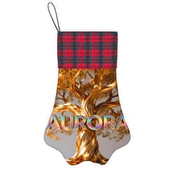 JugJug Personalized Christmas Stocking with Custom Name - Golden Tree of Life Design with Red Plaid Cuff - Holographic Text Effect Family Holiday Mantel Decorations
