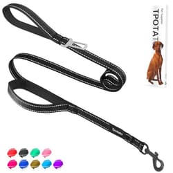 Tpotato 6 Foot Black Dog Leashes for Large Medium and Small Breed Dogs That Pull,Reflective Nylon Heavy Duty Dog Leash with 2 Comfortable Padded Traffic Handles and Car Seat Belt for Walking and Training