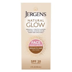 Jergens Natural Glow Self Tanner Face Moisturizer, SPF 20 Facial Sunscreen, Medium to Deep Skin Tone, Sunless Tanning, Oil Free, Broad Spectrum Protection UVA and UVB, 2 oz (Packaging May Vary)