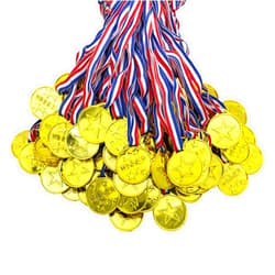 Oisinlas 100 Pcs Gold Plastic Winner Medals Award Medals for Kids School Sports, Soccer Competitions, Olympic, Games, Talent Show, Gymnastic, Party Favors, Dress Up or Celebration Souvenir