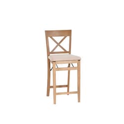 Linon Triena X Back Neutral Greywash Wooden Fully Assembled Folding Counter Stool with Beige Upholstered Seat