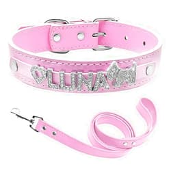 Senristar Personalized PU Leather Dog Collar with Bling Name,Custom Sparkling Rhinestone Name Dog Collar and Leash Set for Small Medium and Large Dogs(XS,Pink Set)