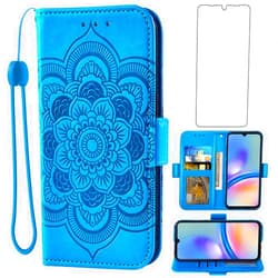 Asuwish Phone Case for Samsung Galaxy A05s/A05 Wallet Cover with Tempered Glass Screen Protector and Leather Flip Credit Card Holder Stand Wrist Strap Cell Accessories Ao5s Ao5 A 05s 05 Women Men Blue