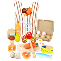Lehoo Castle Wooden Play Food Sets for Kids Kitchen, Food Toys for Toddlers 3+ Year Old, with Shopping Bag, Pretend Food Play Kitchen Cutting Fruits Vegetables Toys, Gift for Boys Girls