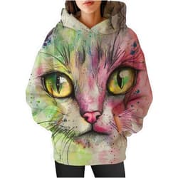 DMOYALA Womens Funny Cat Hoodies Oversized Cute Cat Lovers Printed Hooded Sweatshirt Y2K Fall Pullover Tops with Pockets