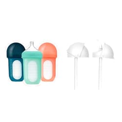 Boon Nursh Silicone Baby Bottles with Straw Sippy Cup Lids - Stage 2 Medium Flow - Mint - 3 Count 8 Oz Bottles and 2 Count Conversion Tops