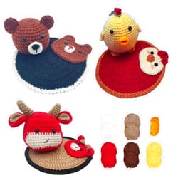 Ushomin 3PCS Crochet Kit for Beginners, 3 pcs DIY Crochet Animal Kit for Adults Kids, Cute Knitting Kit with Step-by-Step Video Tutorials (Bear+Chick+Cow)
