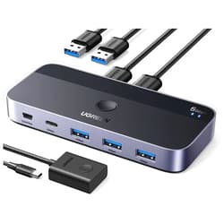 UGREEN USB 3.0 Switch 2 Computers Sharing USB C & A Devices, 4 Port USB Switcher Sharing Keyboard and Mouse, Printer/Scanner USB Switch Hub for Two Computers with 2 USB3.0 Cables and Controller