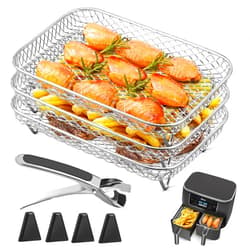 Kannino Air Fryer Rack for Ninja Dual Air Fryer Kannino 3pcs Layered Dehydrator Racks Stainless Steel Grilling Rack Rectangle Air Fryer Basket Tray with Clip and Heighten Feet Pad for Double Basket Air Fryers