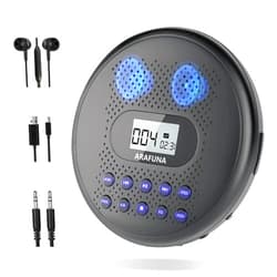 ARAFUNA Portable CD Player with Dual Stereo Speakers, Rechargeable CD Player for Car with Anti-Skip Protection, Walkman CD Player with Headphones and AUX Cable