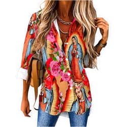 ShuDianhkqwe Virgen De Guadalupe Virgin Mary Flowers Women's Shirt Cropped Tshirt V-Neck Shirt Button Down Blouses Tops