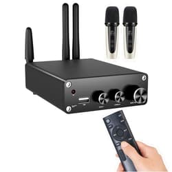 KIMIUP AC01M Hi-Fi Mini Stereo Audio Power Amplifier with Karaoke,TPA3116 Dual Channel,100W x 2,Bluetooth 5.3,24V 5A Power Supply,Remote,and Microphones (Amplifier + Remote + Power + Microphone x2)