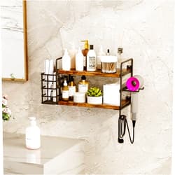 Homeiju 3-in-1 Wall Mounted Hair Dryer Holder with 2 Tier Shelves & Detachable Basket, Space Saving Organizer for Bathroom, Kitchen, Bedroom, Rust-Resistant, Easy Install