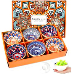 YIK TUNG Ceramic Rice Bowls Gift Set of 6,10oz Bohemian Style Small Dessert Soup, Cereal,Ice Cream & Snacks Bowls for Kitchen, Dining and Unique Gifts,Microwave & Dishwasher Safe