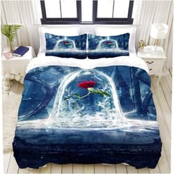 TMSSUNCI Bedding QueenFull Duvet Cover Set Fantasy Fairy Scenery Red Rose Flower in Glass Tower Beauty Magic Castle Girl and Beast Microfiber Polyester Duvet Bed Cover Set, QueenFull Size