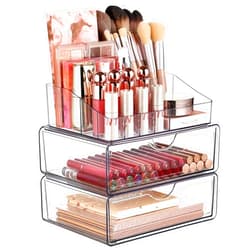 Vtopmart 3 Tier Clear Makeup Organizer with Drawer, Cosmetic Storage for Dresser Countertop and Bathroom Vanity, Beauty Holder for Lipstick Brush Skincare