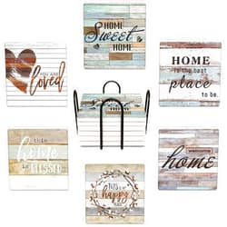 Britimes Coaster for Drinks Set of 6, Worn Wood Absorbent Square Ceramic Stone Mat, with Cork Base and Metal Holder, Gift for Housewarming Room Bar Decor