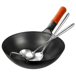 YOSUKATA Carbon Steel Wok Pan – 11,8 “ Woks and Stir Fry Pans + 17’’ Wok Spatula and Ladle - Set of 2 Heat-Resistant Wok Tools