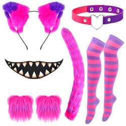 WGOCAUK 8 PCS Purple Cat Costume Kits, Cartoon Pink Purple Cat Ears Headband Love Heart Choker Furry Tail Mouth Tattoo Gloves High Tights for 101 Days of School Party Favor, Women