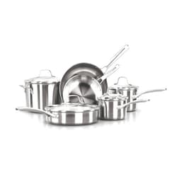 Calphalon Classic Stainless Steel Cookware Set, 10-Piece, Impact-Bonded Aluminum Base, Stay-Cool Handles, Oven Safe 450F, Silver