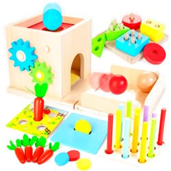 JUSTWOOD Montessori Toys for 1+ Year Old, 8-in-1 Wooden Play Kit Includes Object Permanent Box, Learning Activity Cube, Sorting & Stacking Toy, Carrot Harvest Game, Gift for Boys Girls Age 12+ Months