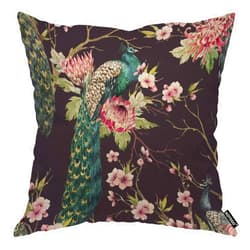 AOYEGO Peacock On Cherry Tree Throw Pillow Cover Beautiful Bird Feather Wings Floral Branch Botanical Pillow Case 18x18 Inch Decorative Cotton Linen Square Cushion for Home Couch Bed