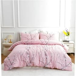 mixinni Pink Comforter Set Queen Size-Tree Branch Bloom Flower Pattern Printed Bedding Sets Cute Floral Soft Fluffy Comforter with 2 Pillowcases, Botanical Bed Set for All Season