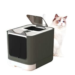LCZLBRRD Fully Enclosed Cat Litter Box Top Entry, Upgraded Covered Litter Box with Lid, Anti-Splashing Easy to Clean Covered Kitty Litter Box, 3 Modes Cat can Use from Kitten to Adult(White&Grey)