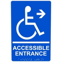ComplianceSigns.com Accessible Entrance Right Sign, ADA-Compliant Braille and Raised Letters, 9x6 inch Blue Acrylic with Mounting Strips