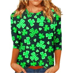 GOFULY St. Patrick's Day Shirts for Women 3/4 Sleeve Shamrock Printed Shirts Trendy Crew Neck Tops St Patrick's Day Clothes