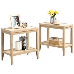 SICOTAS Rattan Nightstands Set of 2 - Boho Shelf Bedside Tables Narrow End Table Living Room Set of 2 Side Table with Rattan Storage Shelves for Small Space - Light Oak
