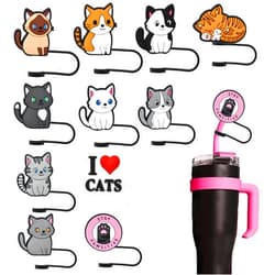 XHAOYEAHX 7-8MM Straw Cover Cap,Reusable Drinking Straw Toppers,Straw Covers for Stanley Cup 30&40 Oz Tumbler Straw Accessories Straw Protector Portable Dust Straw Caps Decoration (11pcs Lovely Cats)
