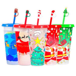 KJRIVER Christmas Color Changing Cups with Lids and Straws 5 Pack Plastic Cute Tumbler with Spill Resistant Straw, Easy Clean Kids Water Bottle, Dishwasher Safe Reusable for Water Iced Coffee or Tea 24oz
