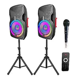 EXOTON 15 inch Professional Dual Powered PA Speakers, 1600 Watts 2-Way Active&Passive Loudspeakers, PA System Combo Set with Microphone/Tripods/Remote Control/Bluetooth/USB/LED Light, Indoor Outdoor EX-15A
